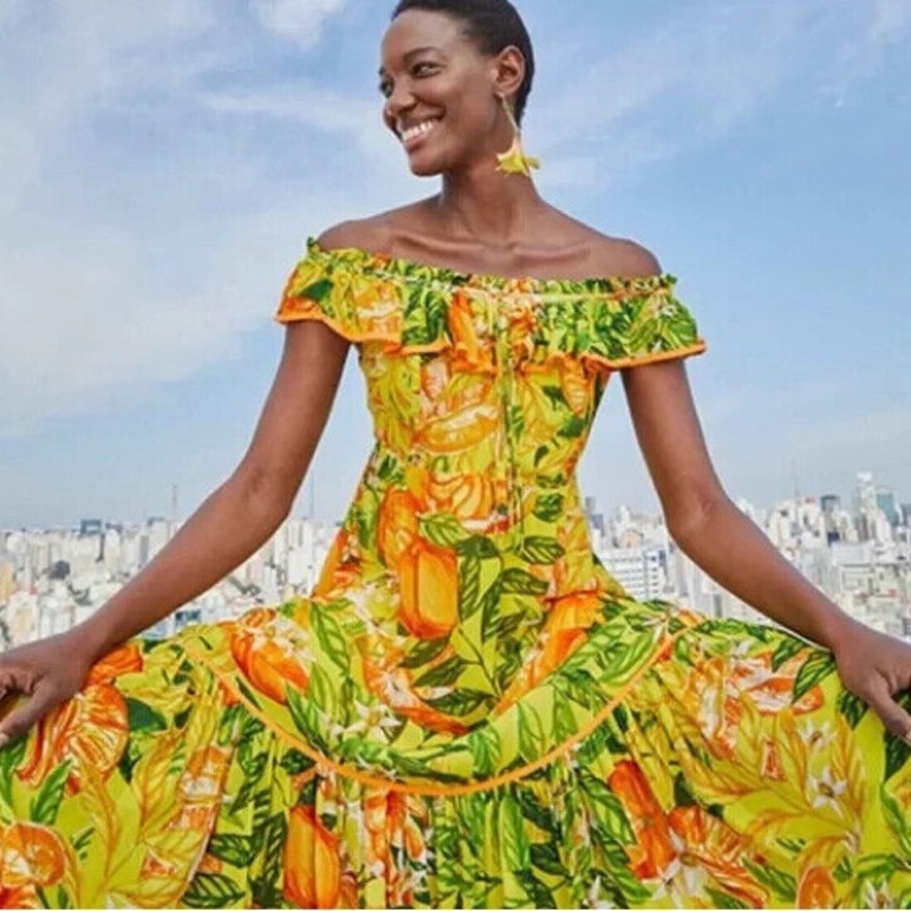 🥭FARM RIO Tangerines Ruffled Midi Dress